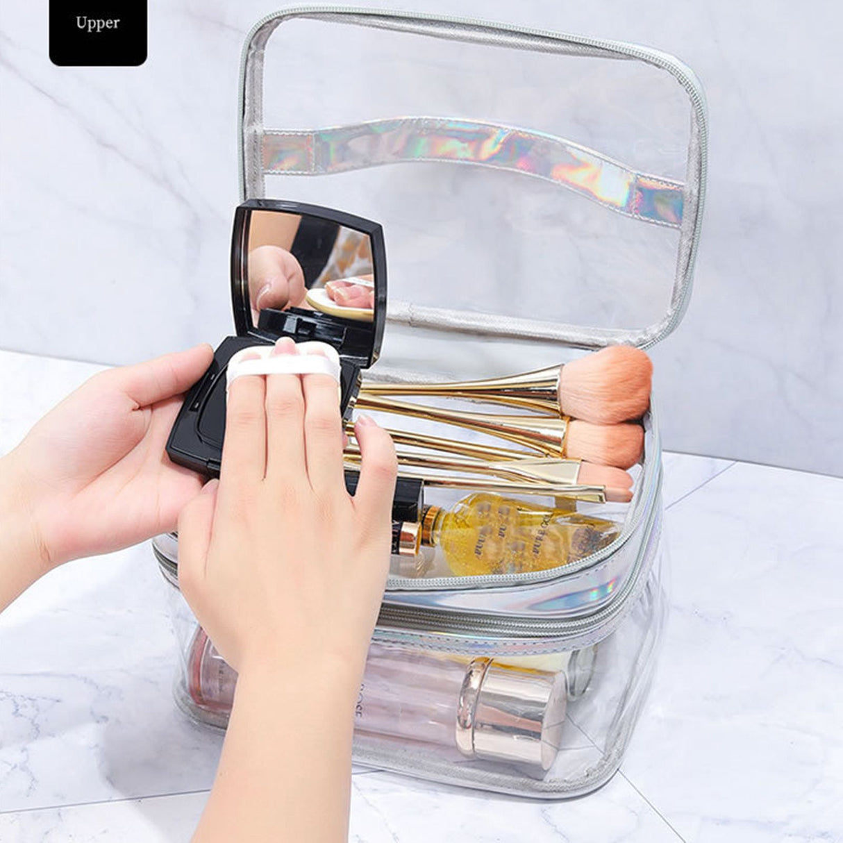 Ladies Cosmetic Bag Transparent Double Layer Waterproof High Capacity Toiletry Storage Bag for Travel Pink