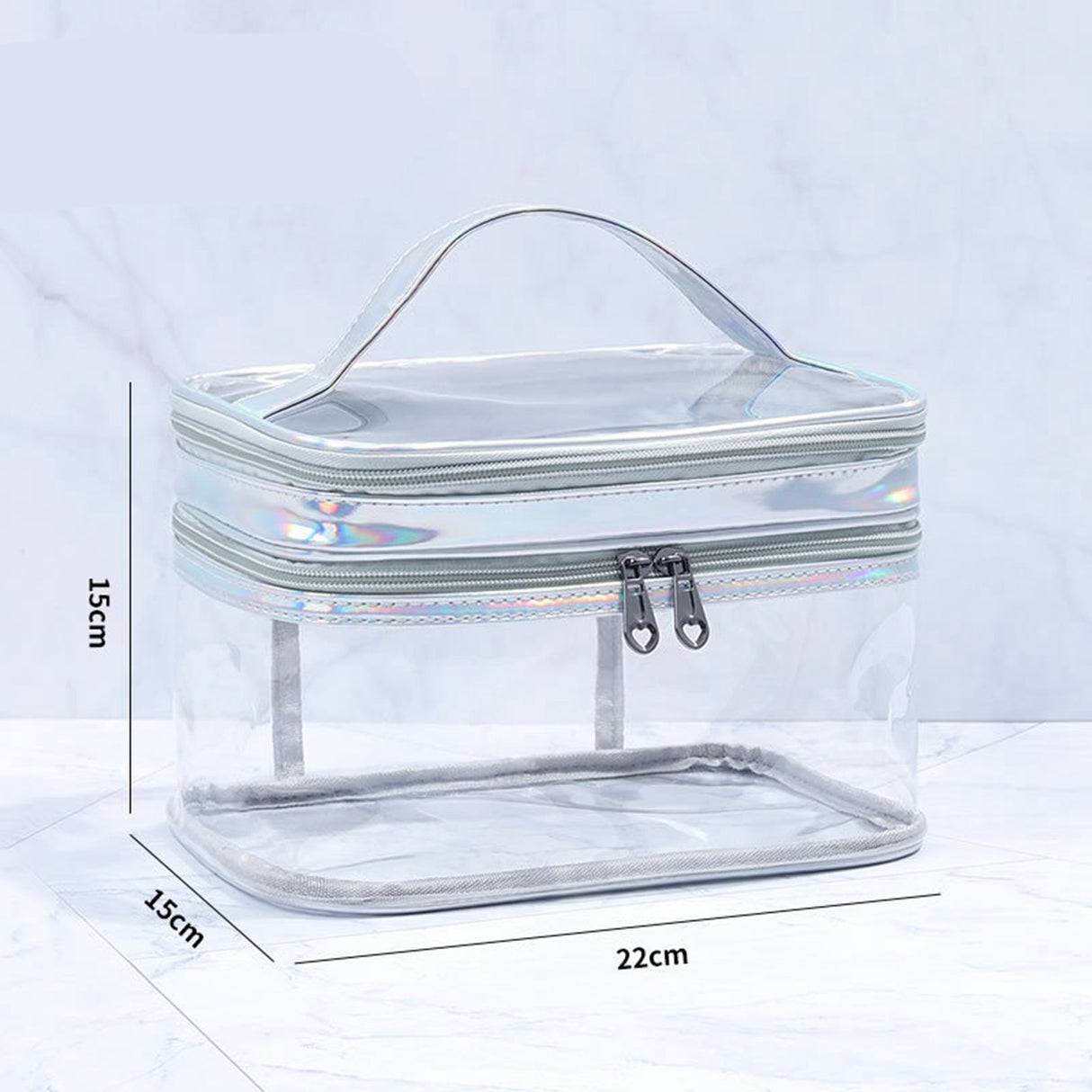 Ladies Cosmetic Bag Transparent Double Layer Waterproof High Capacity Toiletry Storage Bag for Travel Silvery Grey