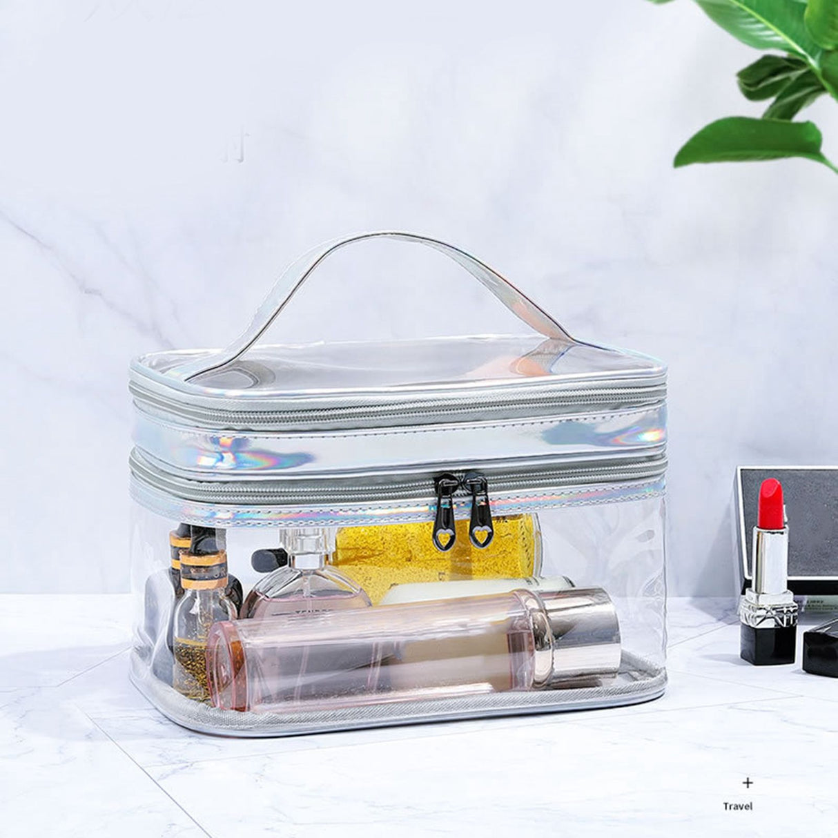 Ladies Cosmetic Bag Transparent Double Layer Waterproof High Capacity Toiletry Storage Bag for Travel Silvery Grey