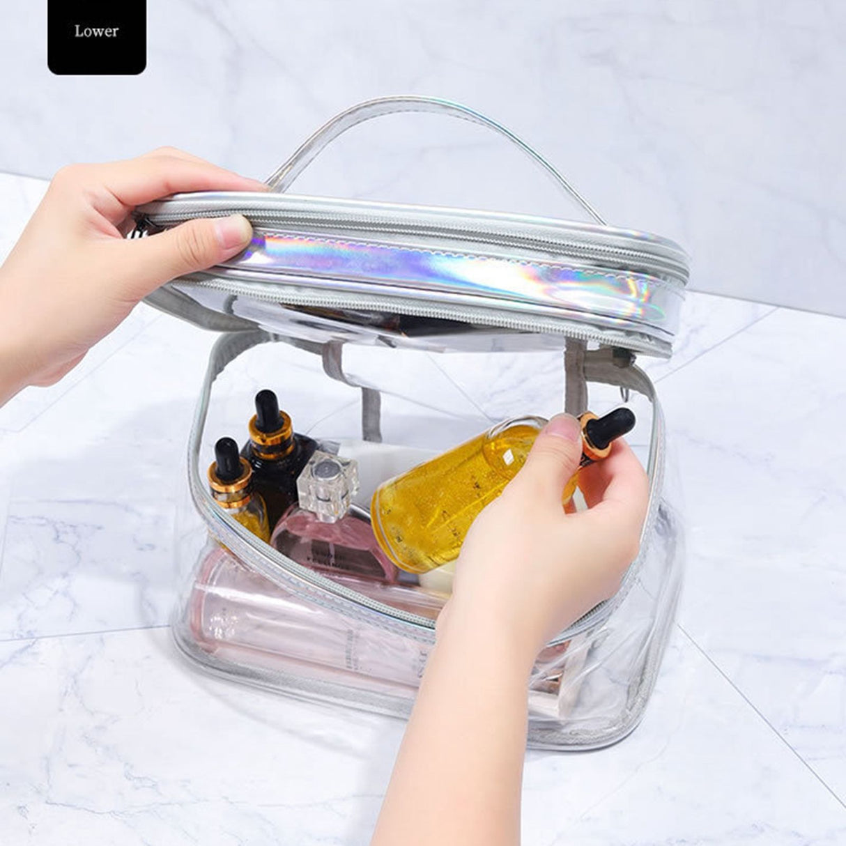 Ladies Cosmetic Bag Transparent Double Layer Waterproof High Capacity Toiletry Storage Bag for Travel Silvery Grey