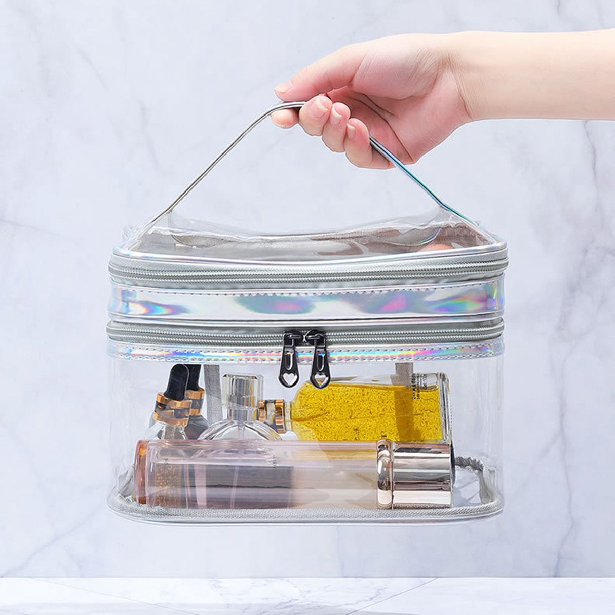 Ladies Cosmetic Bag Transparent Double Layer Waterproof High Capacity Toiletry Storage Bag for Travel Silvery Grey