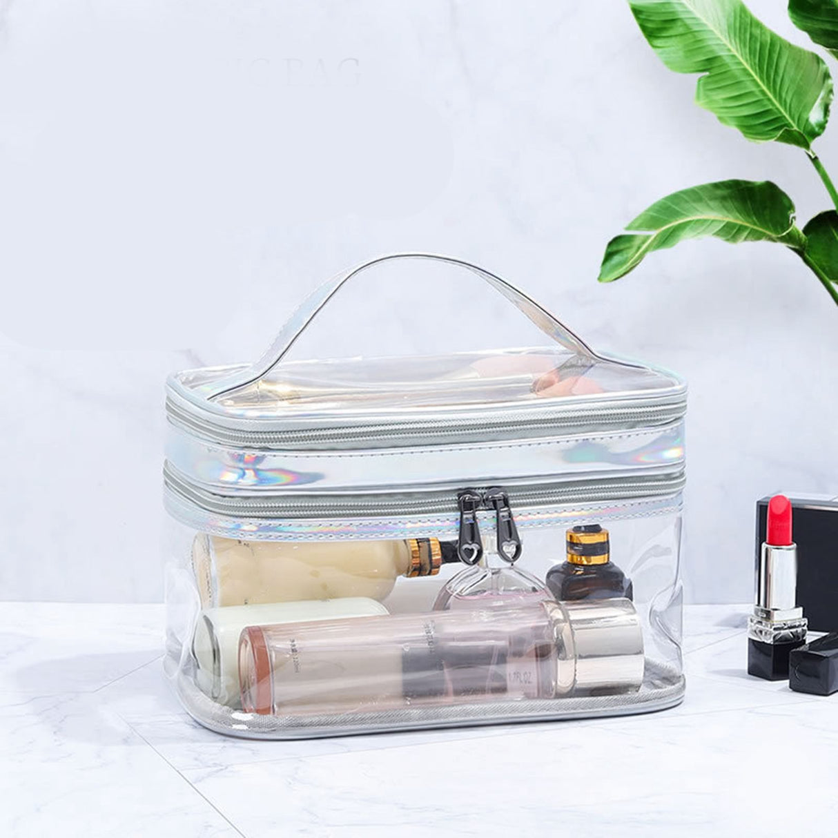 Ladies Cosmetic Bag Transparent Double Layer Waterproof High Capacity Toiletry Storage Bag for Travel Silvery Grey