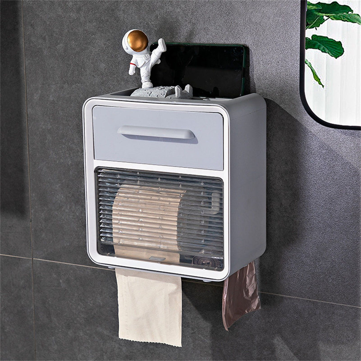 Toilet Paper Roll Box Waterproof Wall Mount Toilet Tissue Holder No Punch Bathroom Tissue Roll Box Double Layer Grey