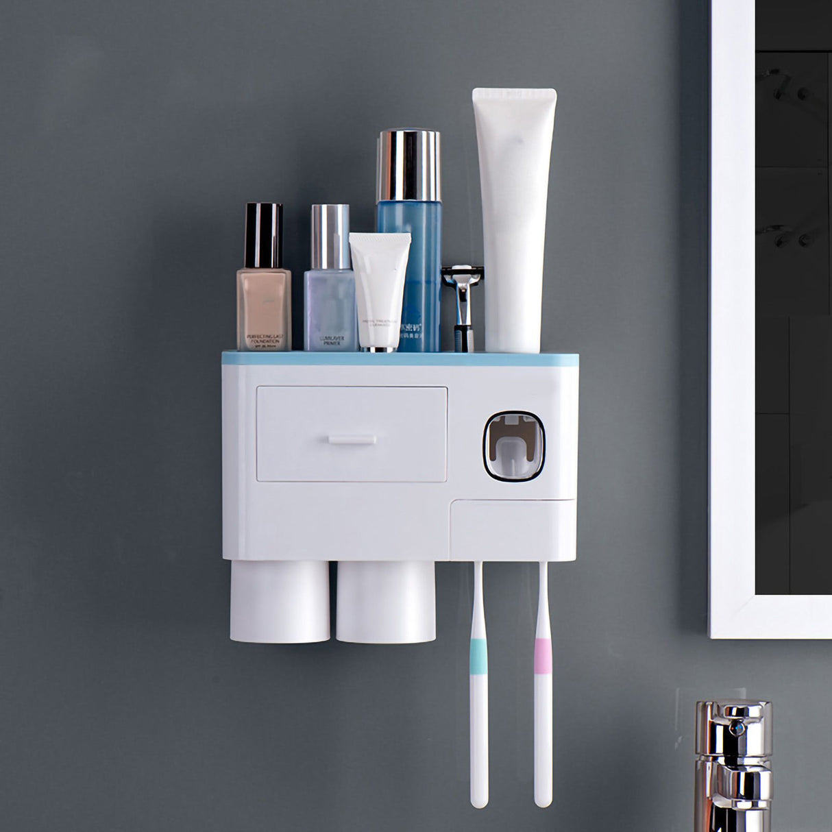 Toothbrush Storage Rack Inverted Magnetic Adsorption Toothbrush Holder Toothpaste Squeezer 2 Blue Cups