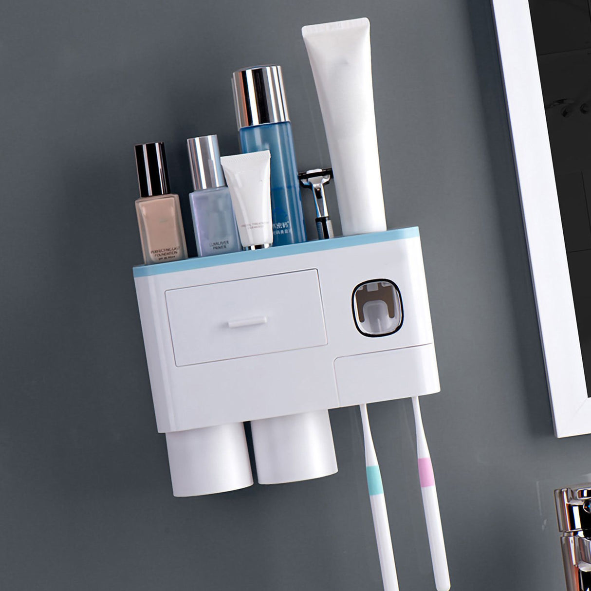 Toothbrush Storage Rack Inverted Magnetic Adsorption Toothbrush Holder Toothpaste Squeezer 2 Blue Cups