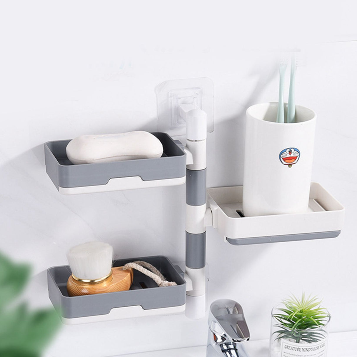 Rotatable Wall Mounted Soap Box 3 Layers HIPS Punch Free Rotatable Soap Container Dish for Household White and Gray Mixed
