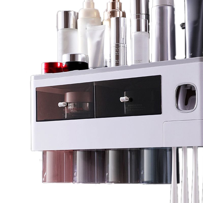 Wall Mounted Toothbrush Holder Multi Function Magnetic Absorption Bathroom Storage Rack with Drawer Toothpaste Dispenser 4 Cup Translucent Gray (38.4x11.3x20cm/15.1x4.4x7.9in)