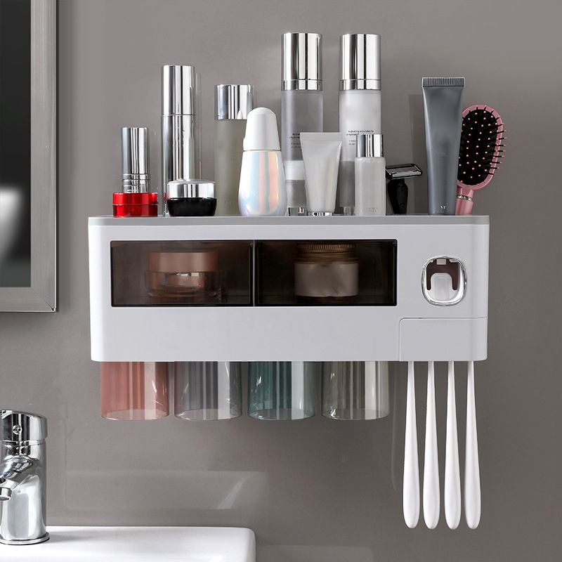 Wall Mounted Toothbrush Holder Multi Function Magnetic Absorption Bathroom Storage Rack with Drawer Toothpaste Dispenser 4 Cup Translucent Gray (38.4x11.3x20cm/15.1x4.4x7.9in)