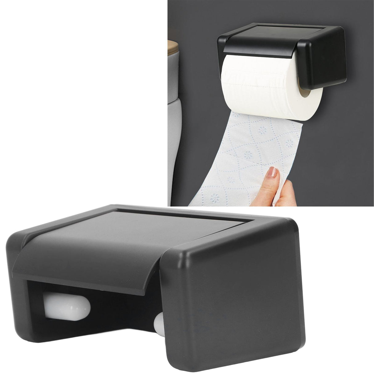 Toilet Roll Paper Holder Plastic Black Wall Mounted Self Adhesive No Punching Container for Bathroom Kitchen