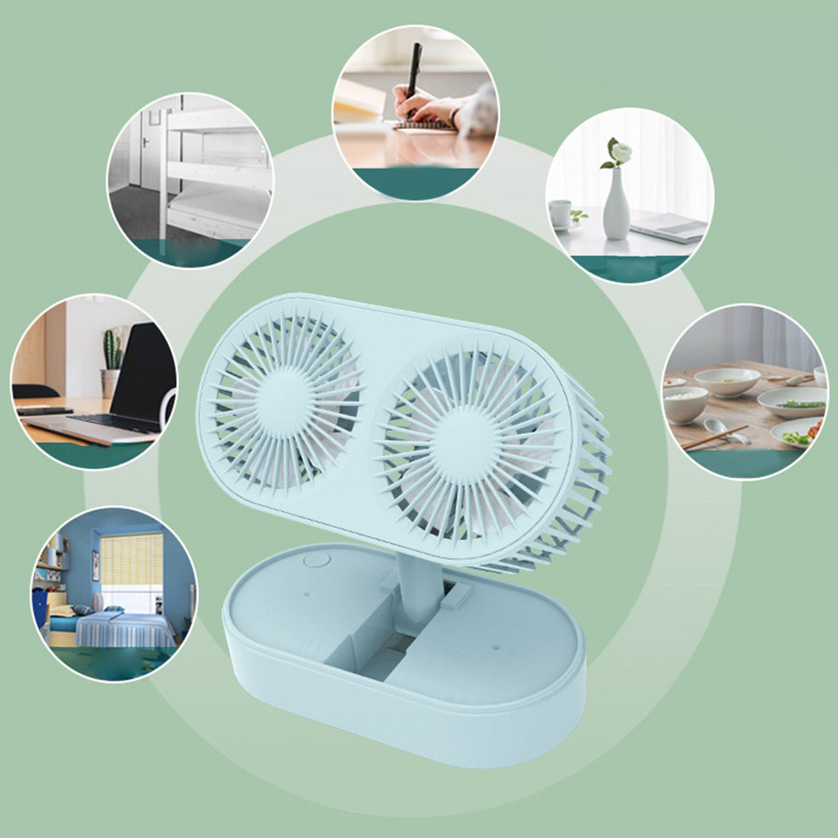 Desktop Double Blade Small Fan USB Mini Folding Desktop 2 Head Fan for Student Office Folding Dual Motor Blue
