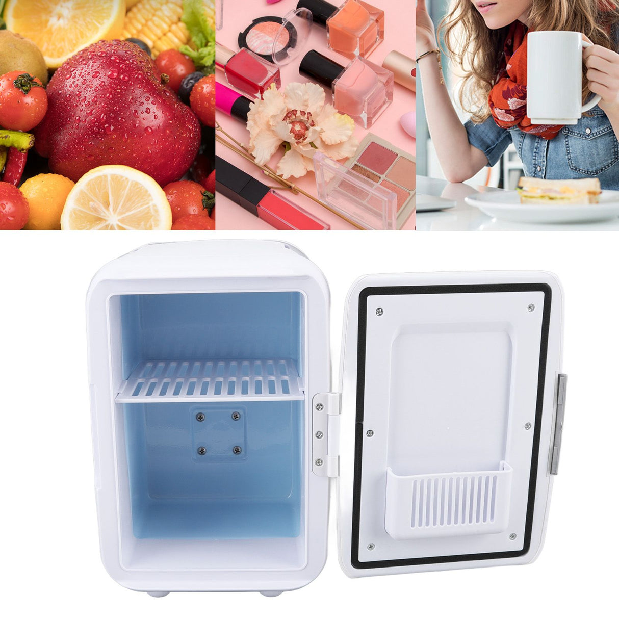 Car Fridge 4 Liters Durable ABS Cosmetic Storage Detachable Partition Portable Mini Fridge for Food Cosmetic Car White