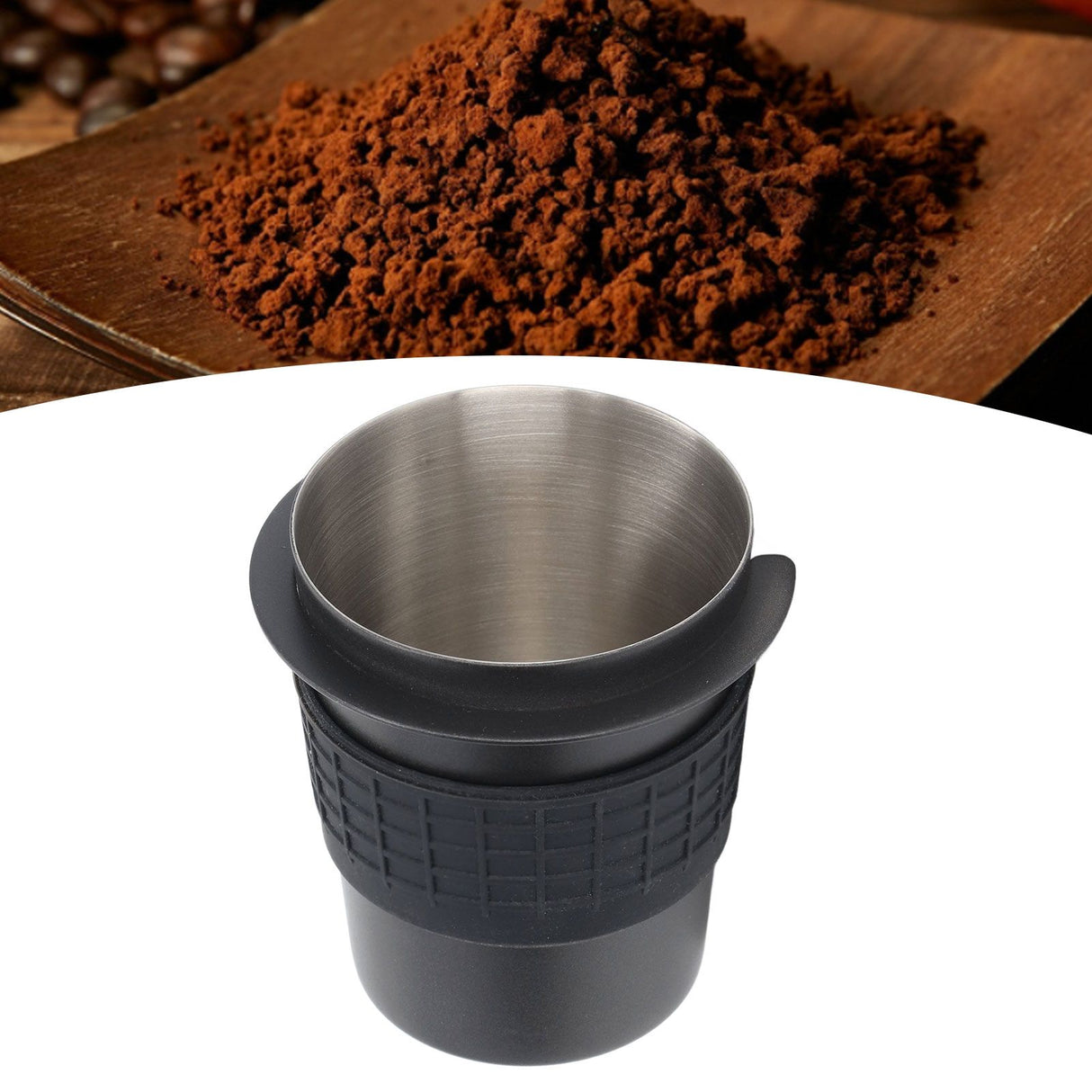 58mm Stainless Steel Coffee Dosing Cup Coffee Machine Handle Receiving Powder Cup with Silicone Ring Black