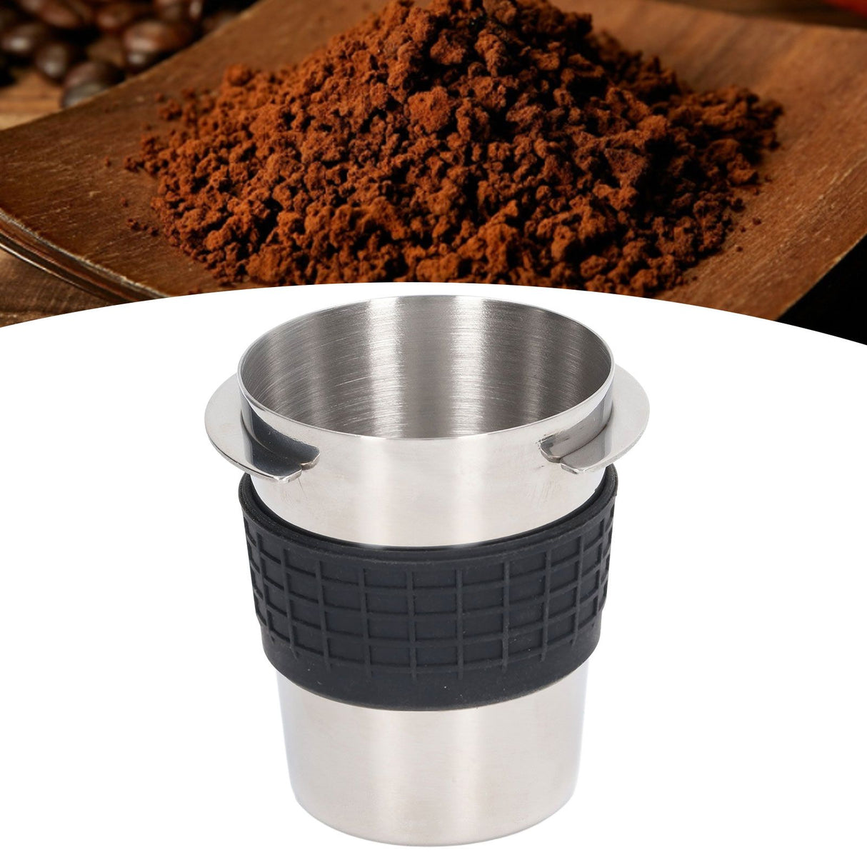 58mm Stainless Steel Coffee Dosing Cup Coffee Machine Handle Receiving Powder Cup with Silicone Ring Stainless Steel Color