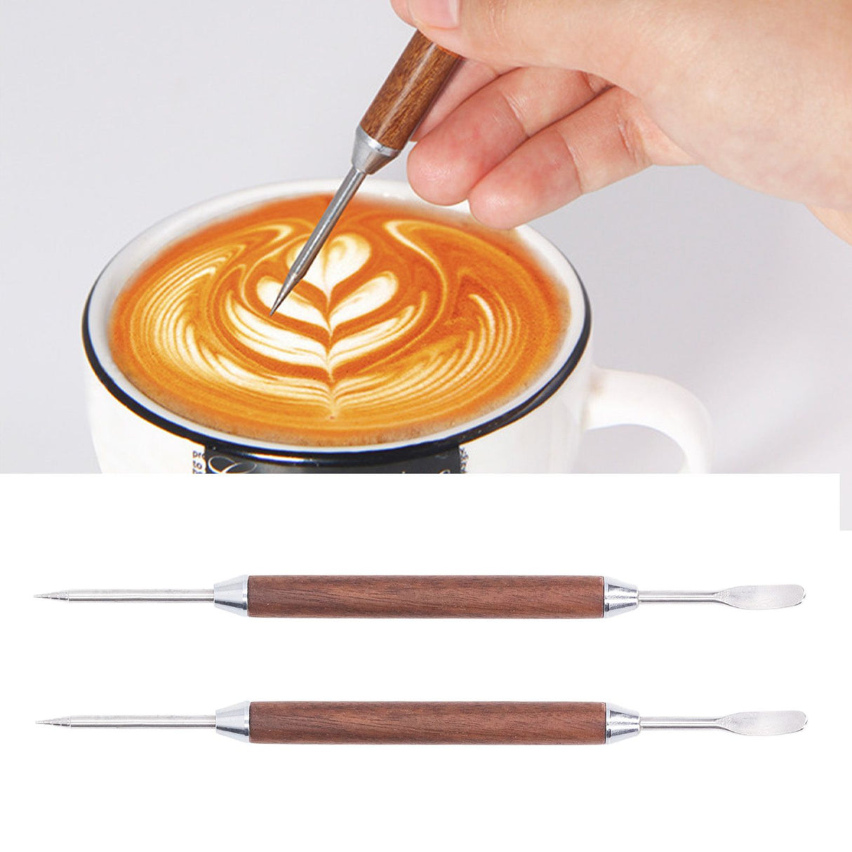 2PCS Coffee Art Pen Wooden Handle Stainless Steel Coffee Fancy Stitch Needle for DIY Decorating