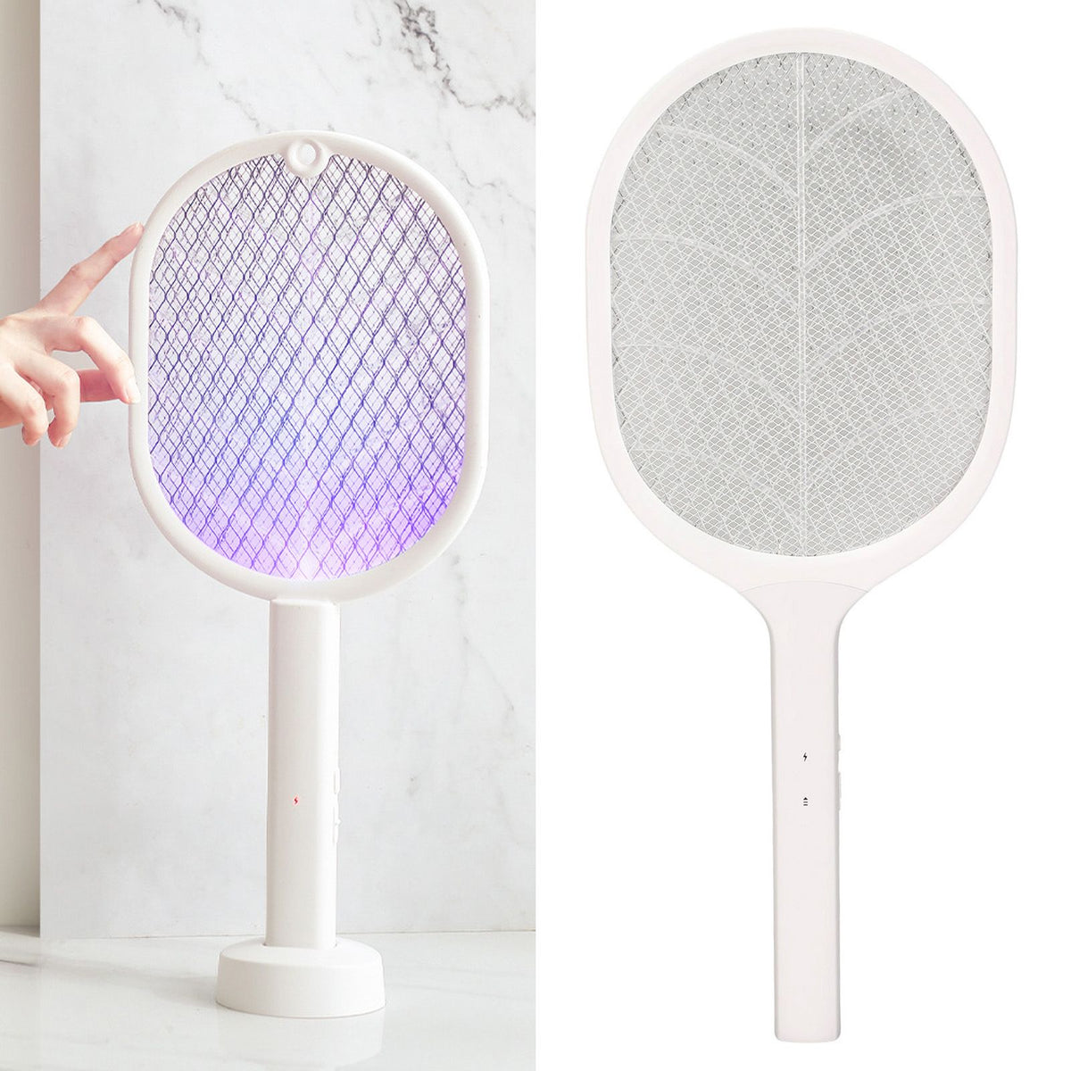 Electric Fly Swatter USB Charging Purple Light 3 Layers Safety Net Mosquito Swatter Racket with Base