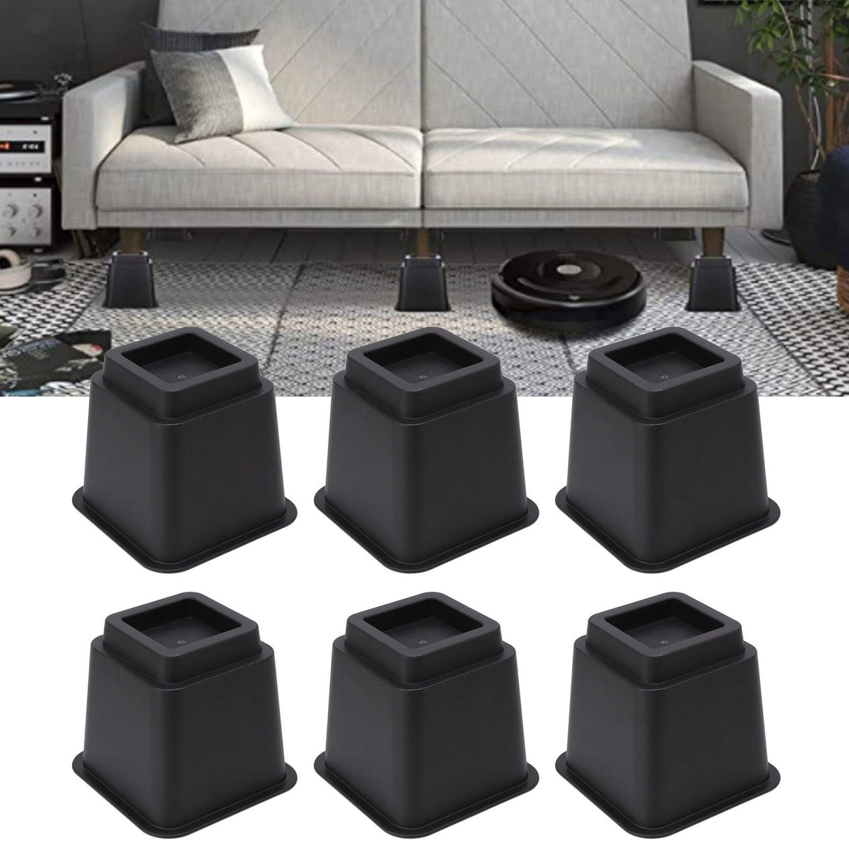 6pcs Bed Risers 5in High Quadrate Trapezoidal Ergonomic Plastic Black Furniture Risers Blocks for Home Office