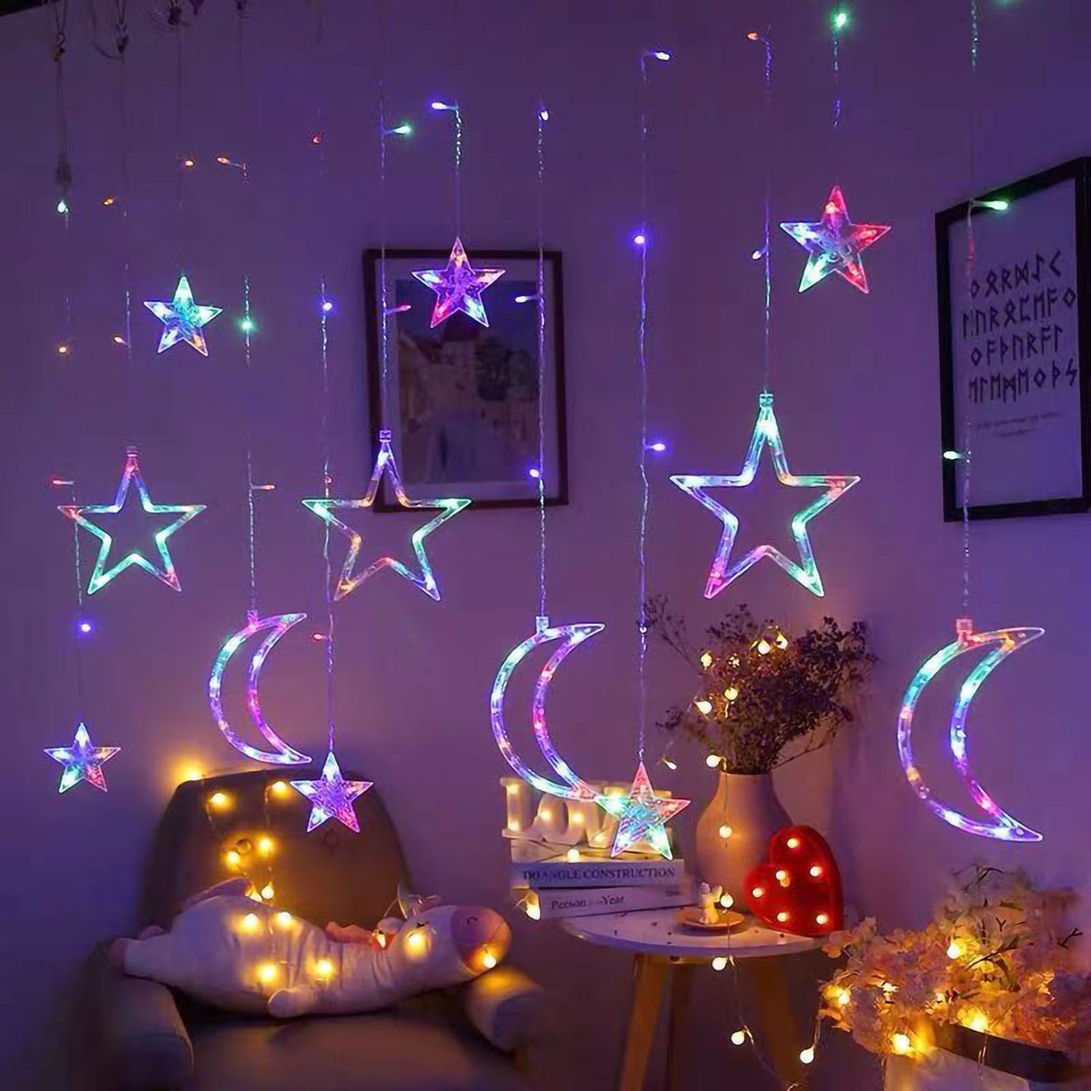 Star Moon Curtain String Lights LED Lamp Add Romantic Ambience Window Curtain Lights for Bedroom Living Room Shop Color