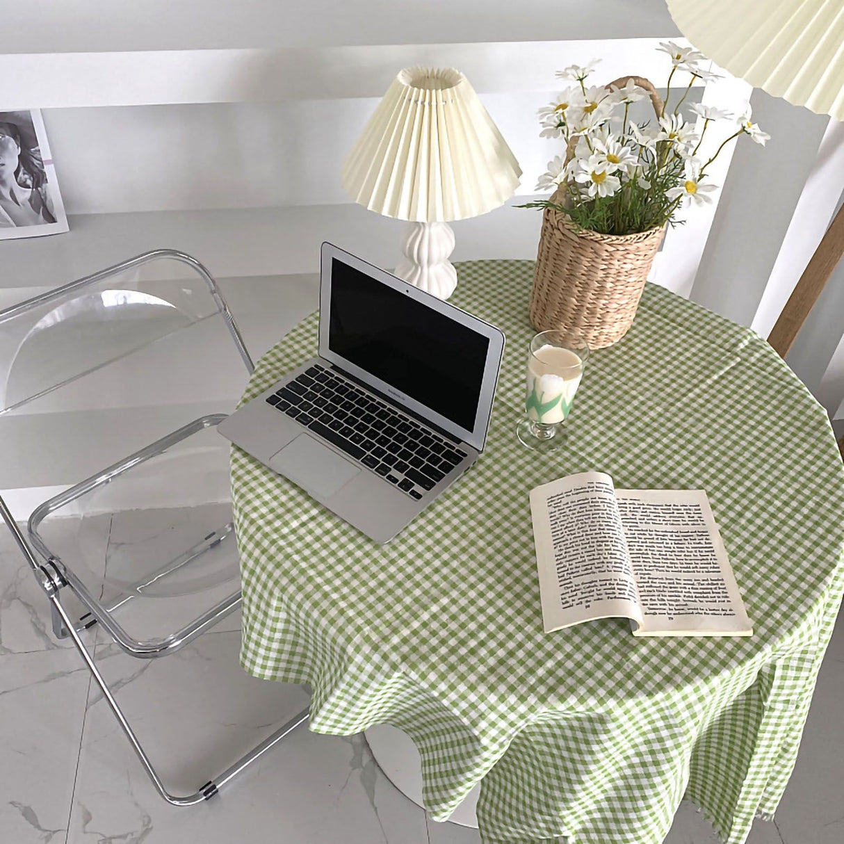 Desk Tablecloth Plaid Table Cover Linen Cotton Backdrop Dustproof Home Decoration for Office Dormitory Green 150x150cm / 59.1x59.1in