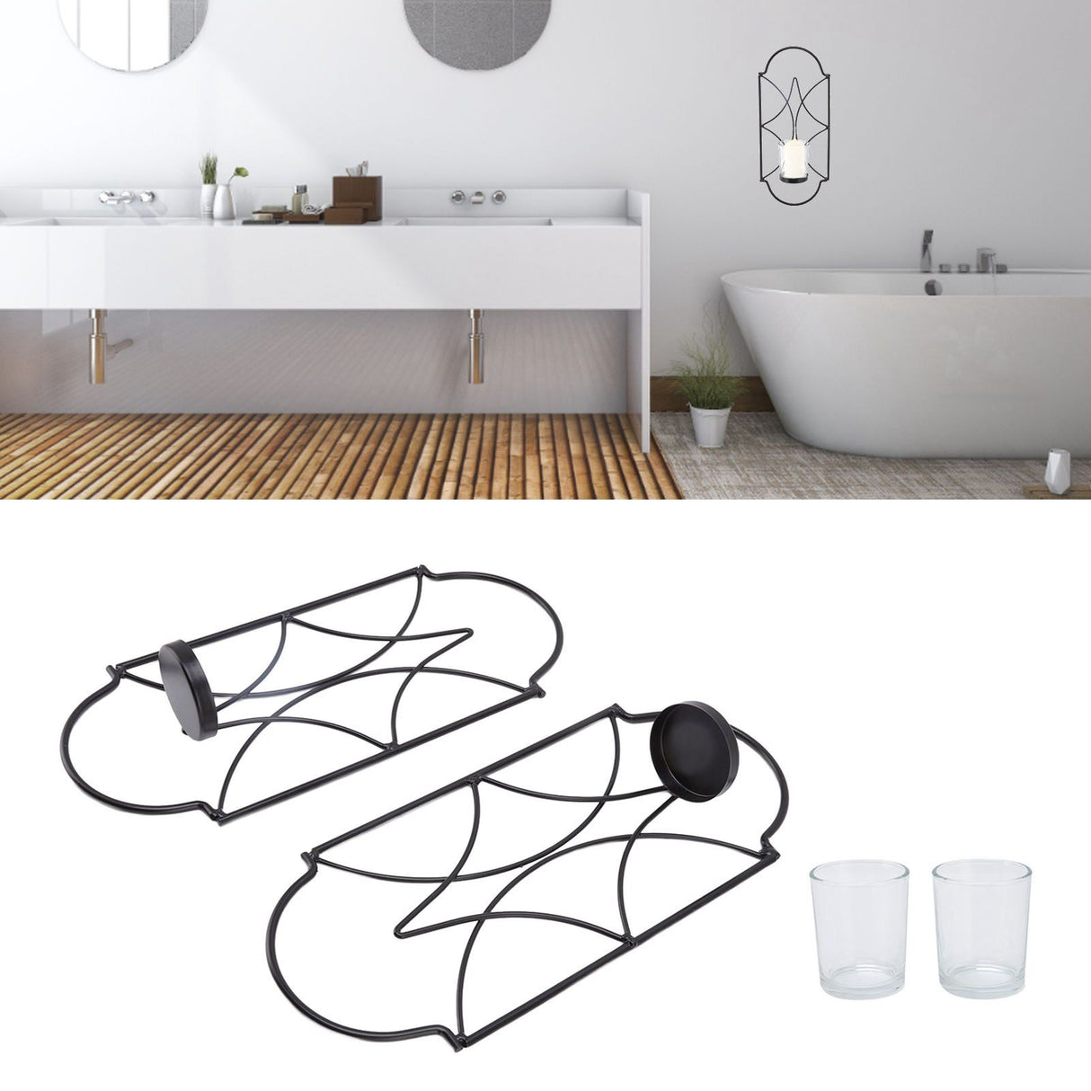 2Pcs Wall Mounted Candle Holder Iron Glass Sconces Decoration Accessories for Living Room Bedroom Black