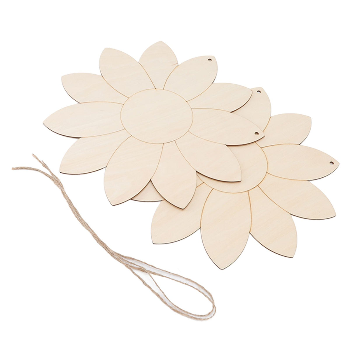 2pcs Wooden Flower Cutouts DIY Lotus Shape Unfinished Wooden Cutouts Home Garden Wood Chip Decor Pendant with 2 Hemp Rope
