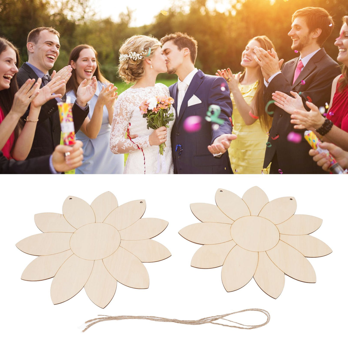 2pcs Wooden Flower Cutouts DIY Lotus Shape Unfinished Wooden Cutouts Home Garden Wood Chip Decor Pendant with 2 Hemp Rope