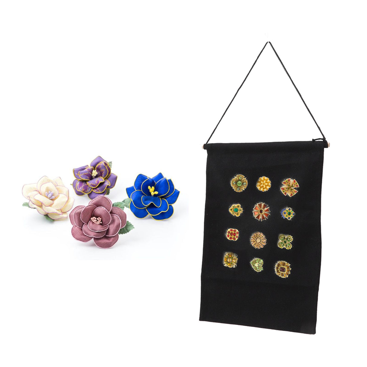 Brooch Storage Hanging Flag Multi Purpose Stylish Classic Pin Collection Organizers Banners for Home Office Dorm Black M 45.5x27.3cm 30cm(wooden Stick)