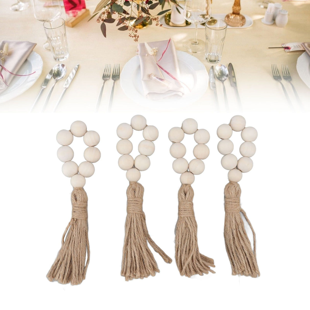 Napkin Ring Decorative Elegant Wood Beads Table Napkin Holder with Tassels for Party Wedding Home 4pcs