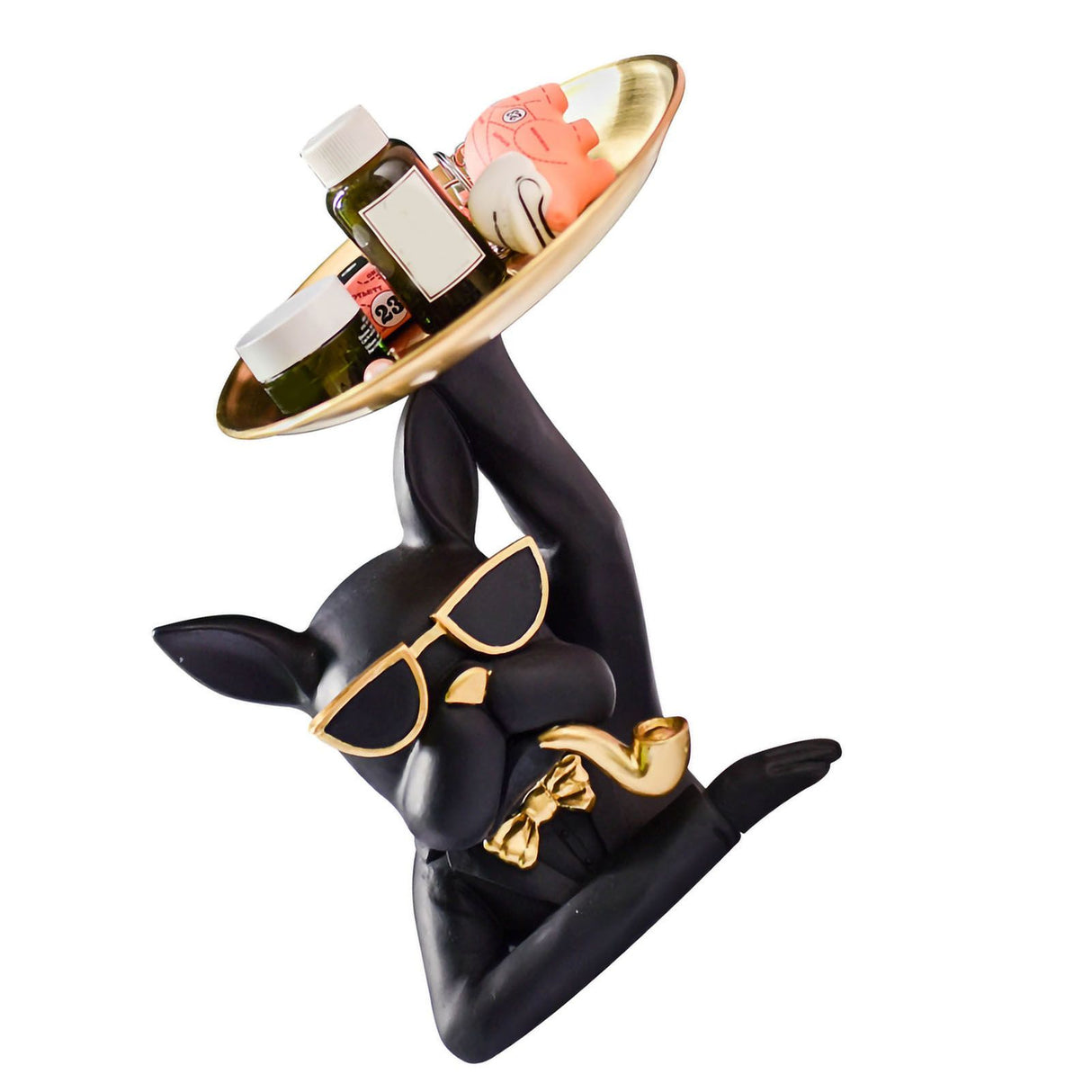 Statue Tray Decorative Bulldog Synthetic Resin Jewelry Storage Figurine Fruit Plate for Living Room Bedroom Black