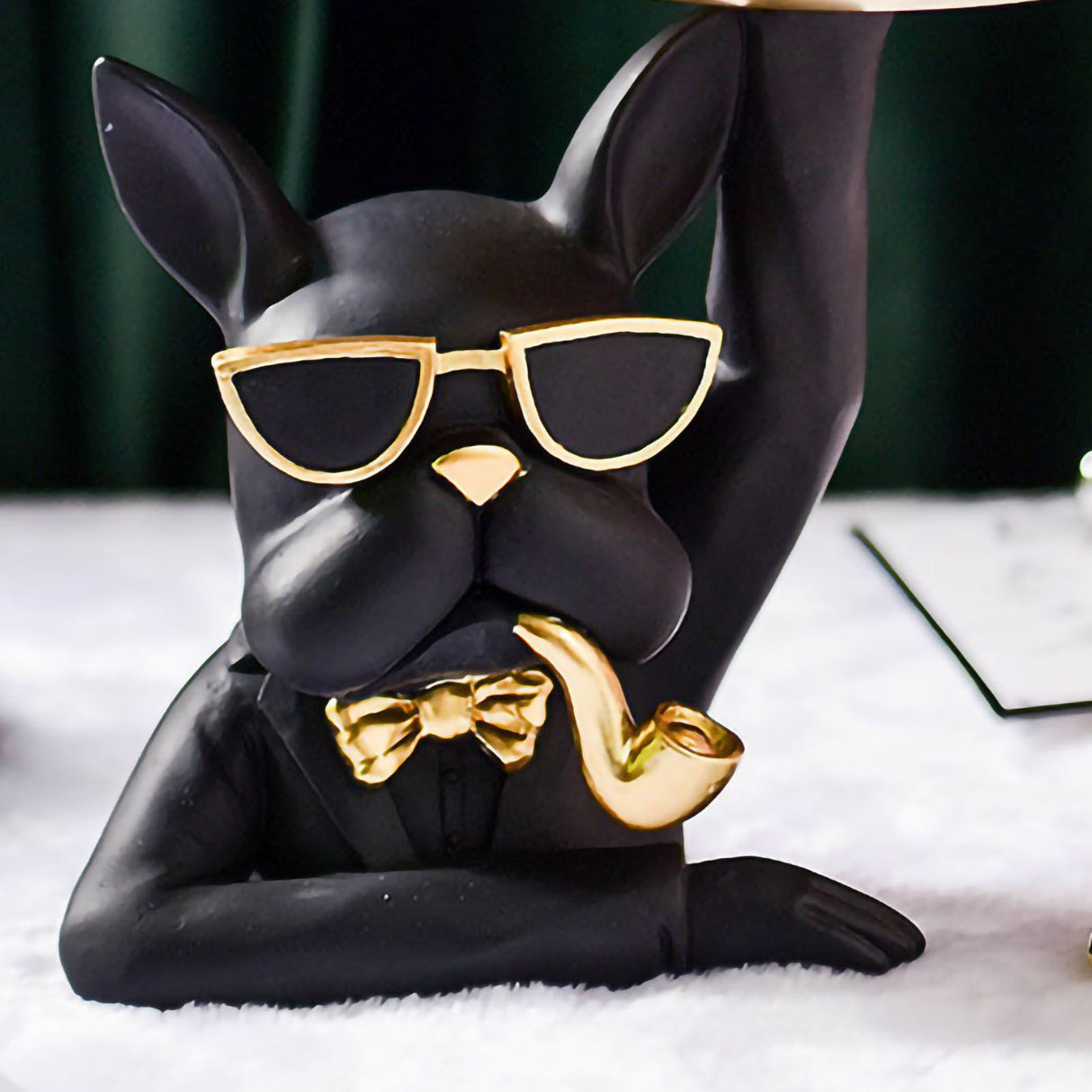 Statue Tray Decorative Bulldog Synthetic Resin Jewelry Storage Figurine Fruit Plate for Living Room Bedroom Black