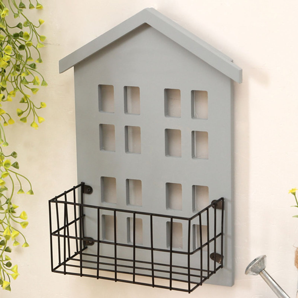 Wall Storage Shelves Hand Made Wood House Shape Wall Mounted Shelf for Bedroom Living Room Grey