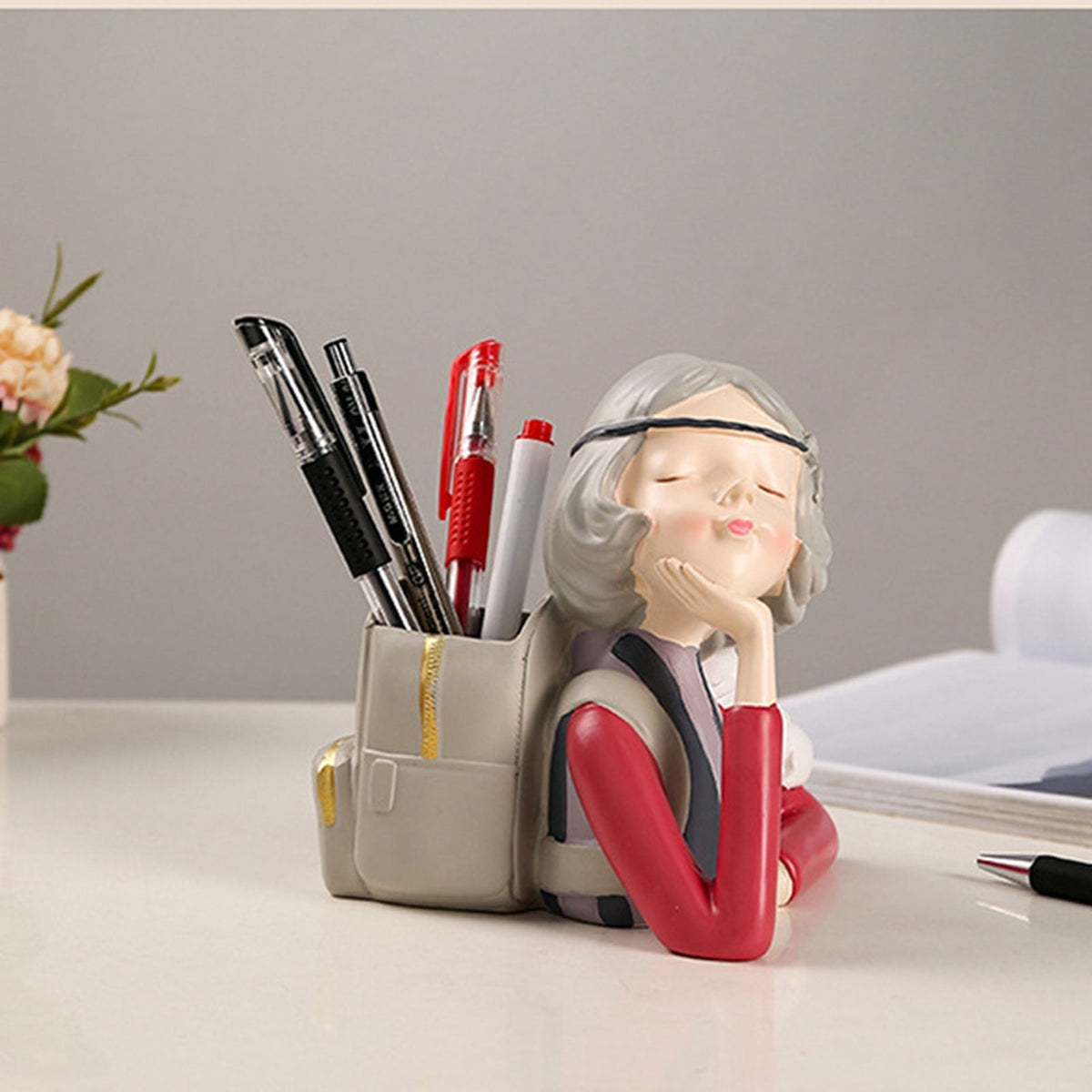 Brush Pot Pen Holder Container Cute Girl Styling Desktop Decoration Ornaments Resin Craftwork Bag Girl Red