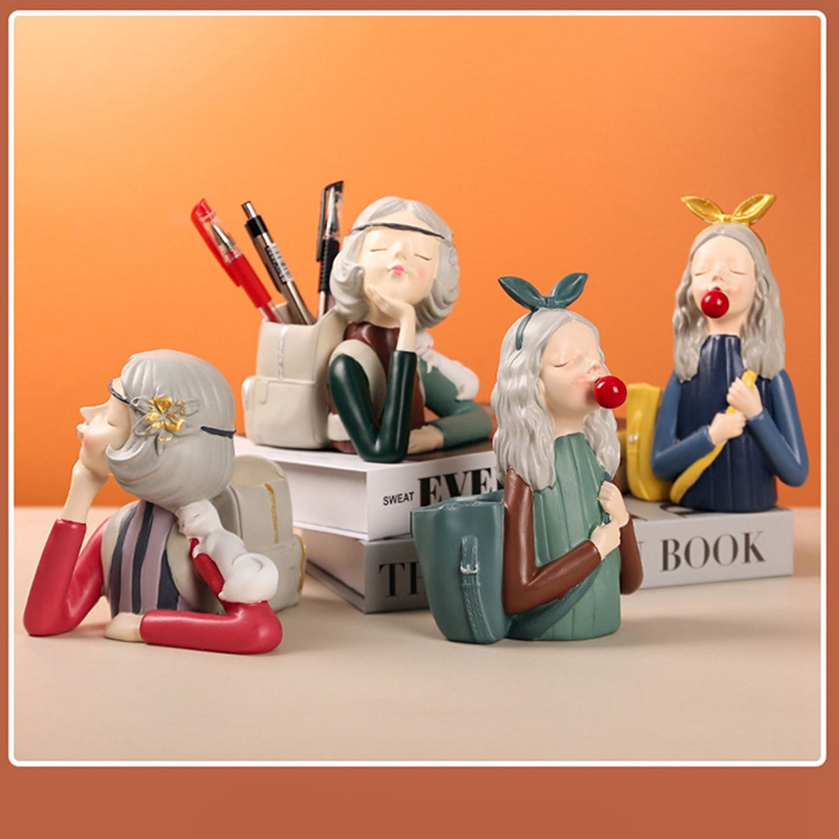 Brush Pot Pen Holder Container Cute Girl Styling Desktop Decoration Ornaments Resin Craftwork Bag Girl Green