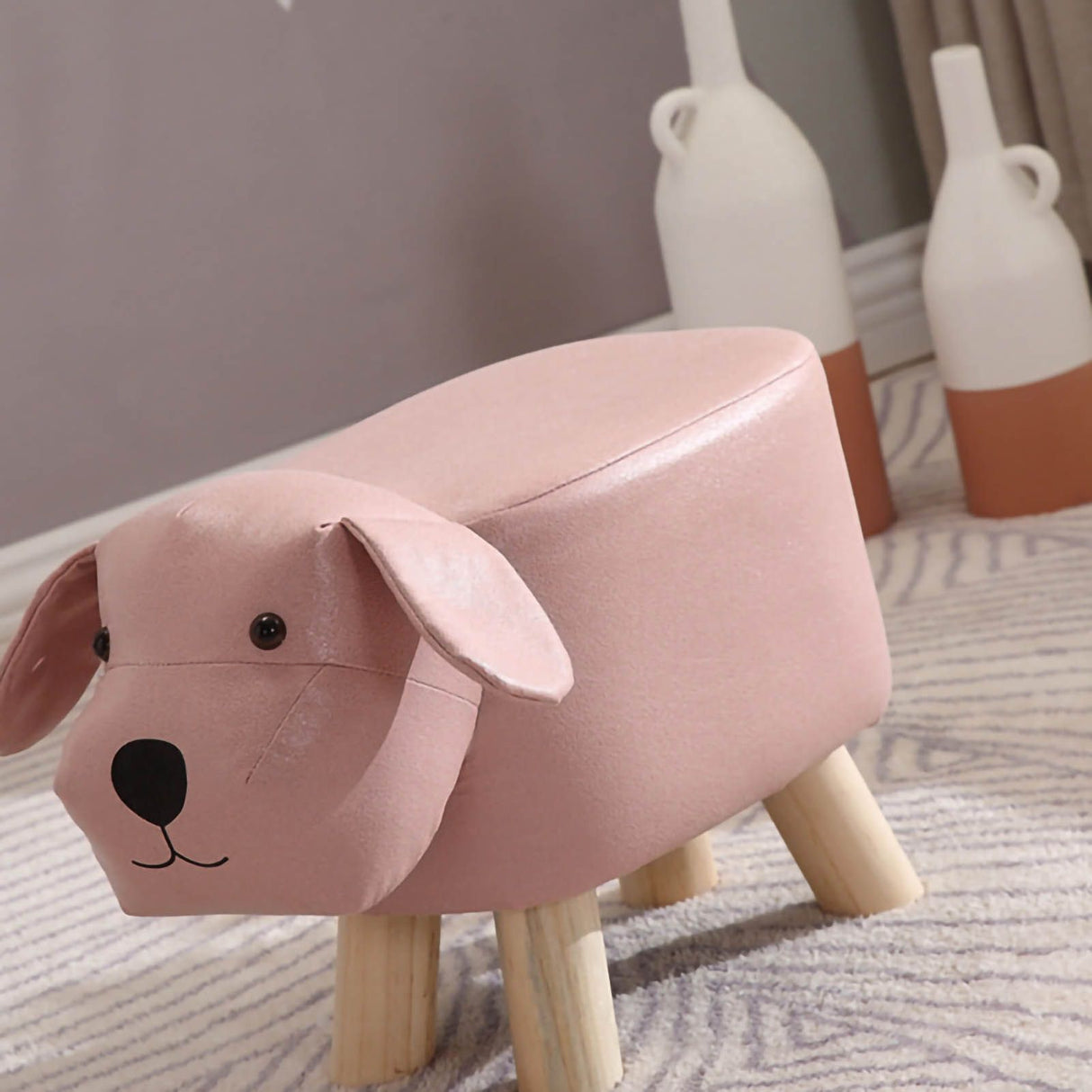 Children Wooden Low Stools Cute Cartoon Children Stool Small Dog Shape Stool for Home Kindergarten Pink