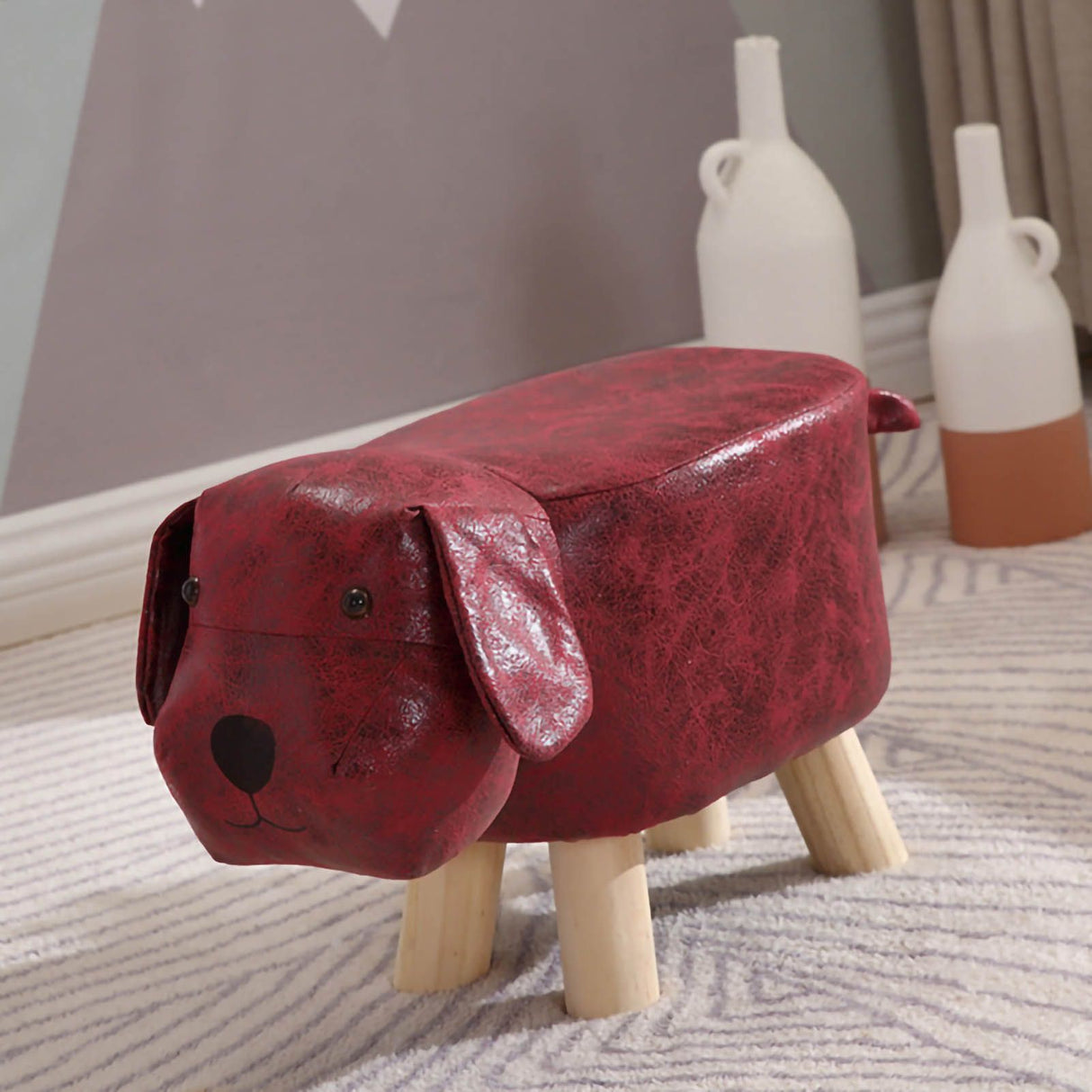 Children Wooden Low Stools Cute Cartoon Children Stool Small Dog Shape Stool for Home Kindergarten Red