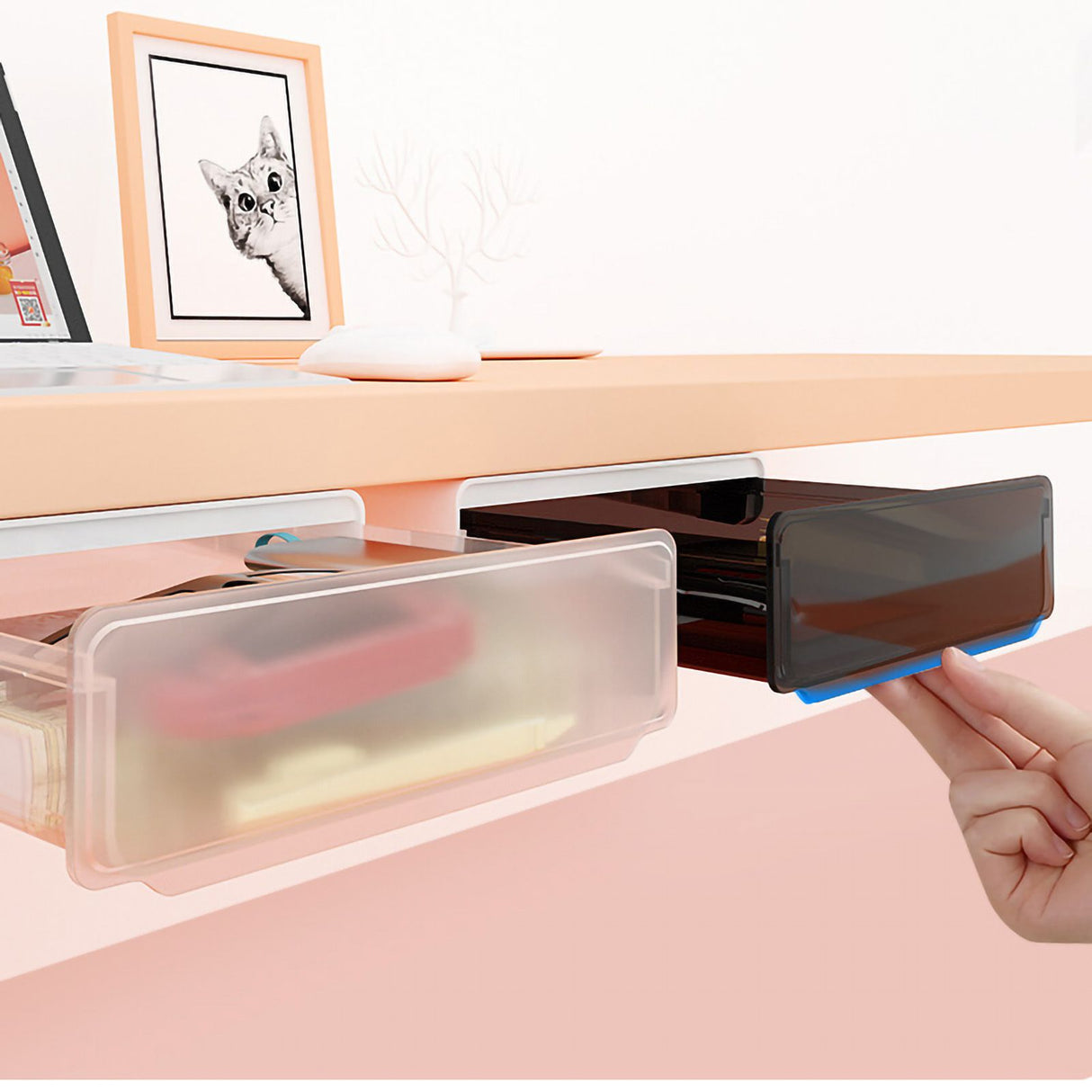 Under Desk Storage Box No Punching Storage ABS PS Small Hidden Drawer For Dormitory Small Transparent Black