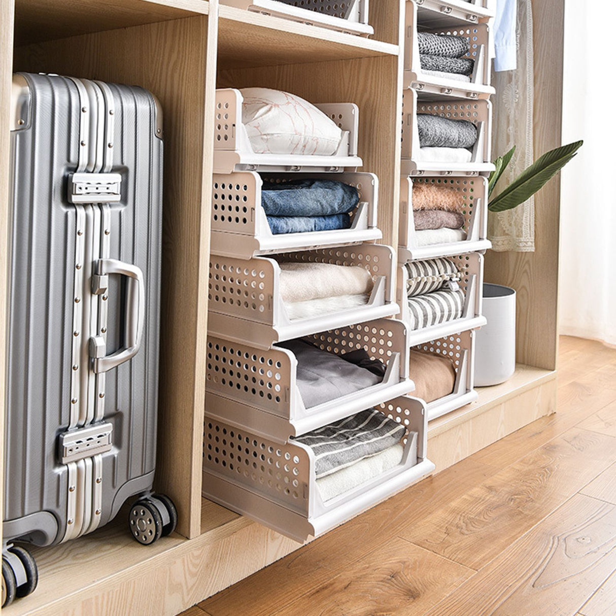 Stackable Storage Basket Plastic Large Open Drawer Wardrobe Cloth Container for Bedroom Living Room Offwhite