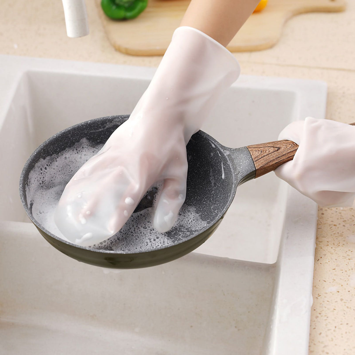 Dishwashing Scrubber Gloves Non Slip Waterproof Reusable Cleaning Scrubber Gloves Wear Resistant for Kitchen Gray