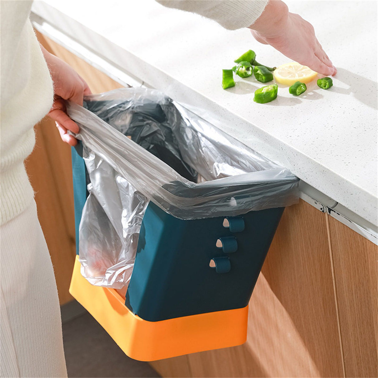 Plastic Garbage Can Expandable Trash Bag Holder Large Capacity for Kitchen Bathroom Blue and Yellow
