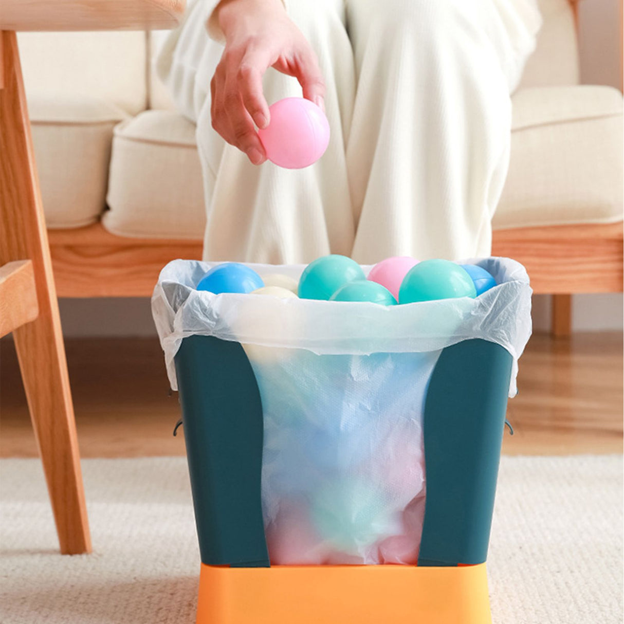 Plastic Garbage Can Expandable Trash Bag Holder Large Capacity for Kitchen Bathroom Blue and Yellow