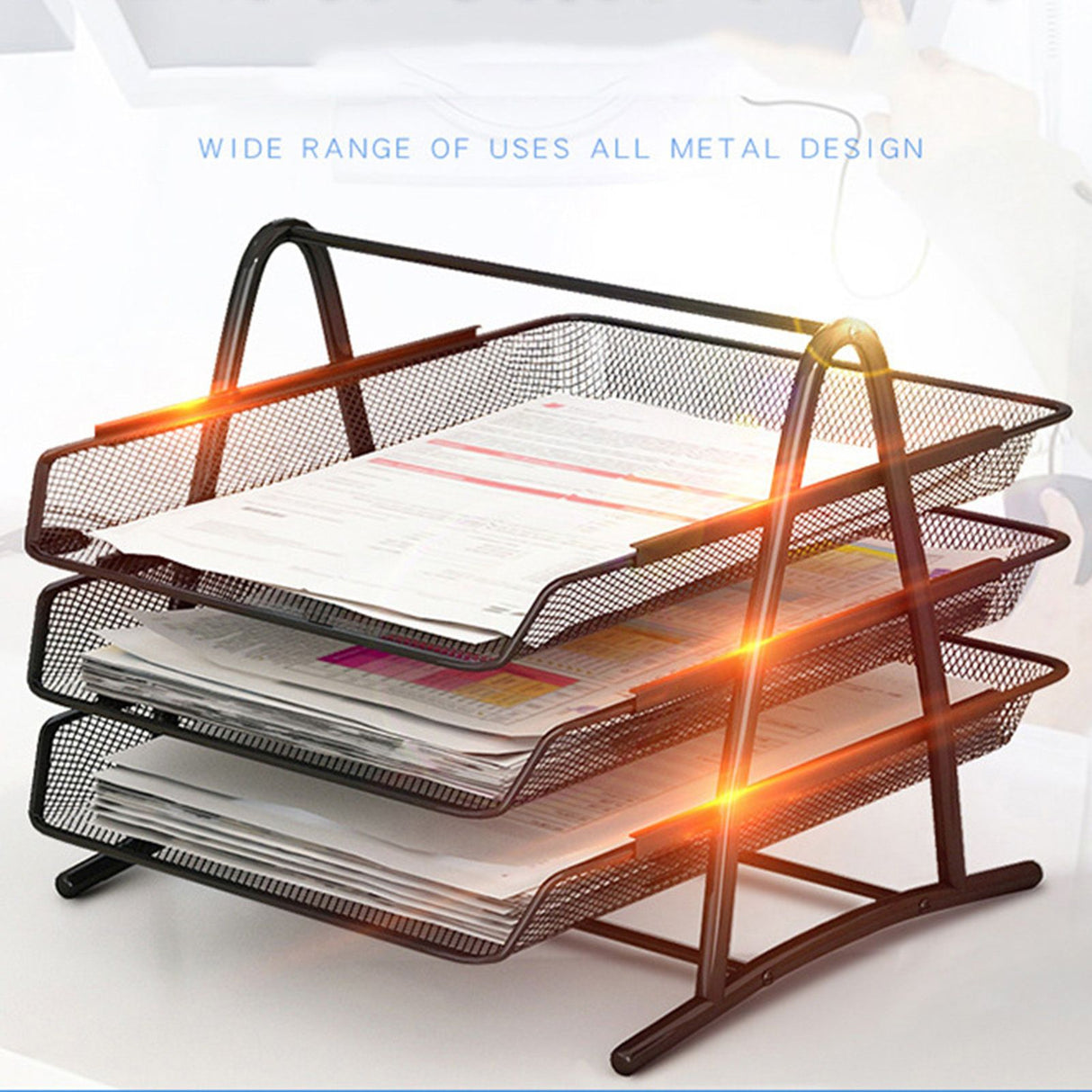Office Desk Document Tray Mesh Bracket Paper Letter Shelf Holder Black Metal for Home Study School 3 Layers