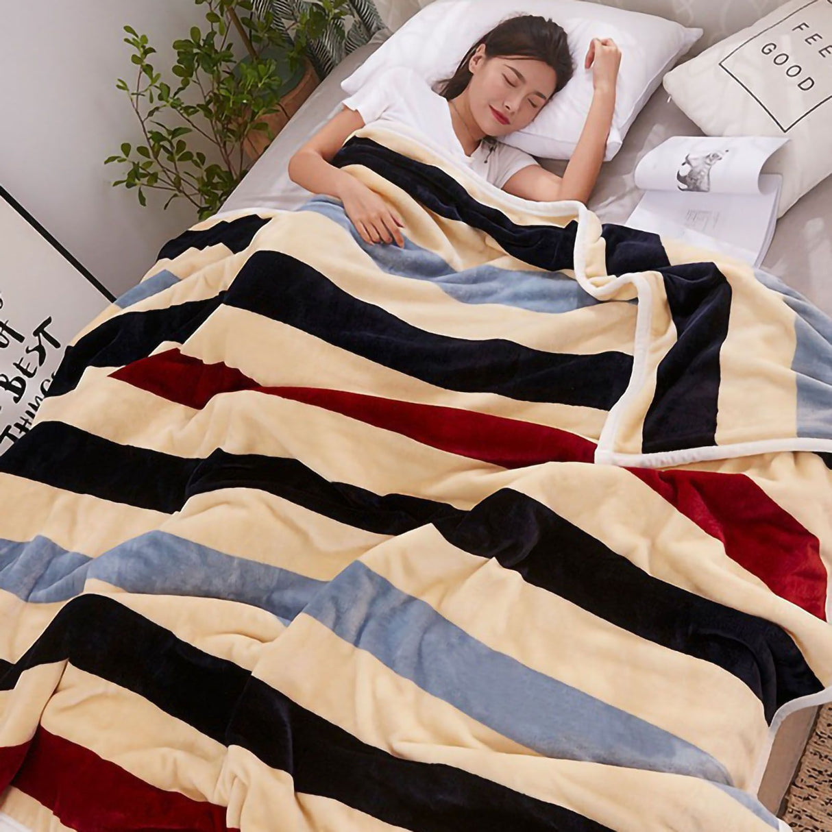 Throw Blanket Cartoon Pattern Thickened Air Conditioning Blanket for Home Bedroom Office Travel Stripes 150x200cm / 59.1x78.7in