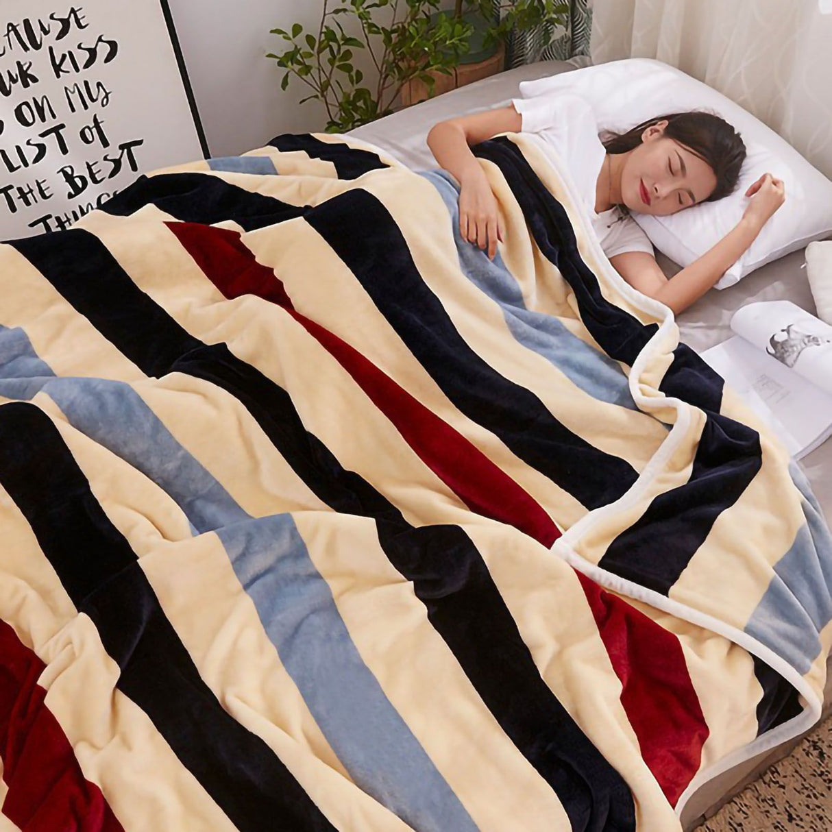 Throw Blanket Cartoon Pattern Thickened Air Conditioning Blanket for Home Bedroom Office Travel Stripes 150x200cm / 59.1x78.7in