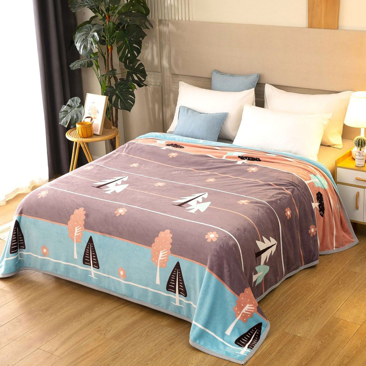 Throw Blanket Cartoon Pattern Thickened Air Conditioning Blanket for Home Bedroom Office Travel Leaves and Flowers 180x200cm / 70.9x78.7in