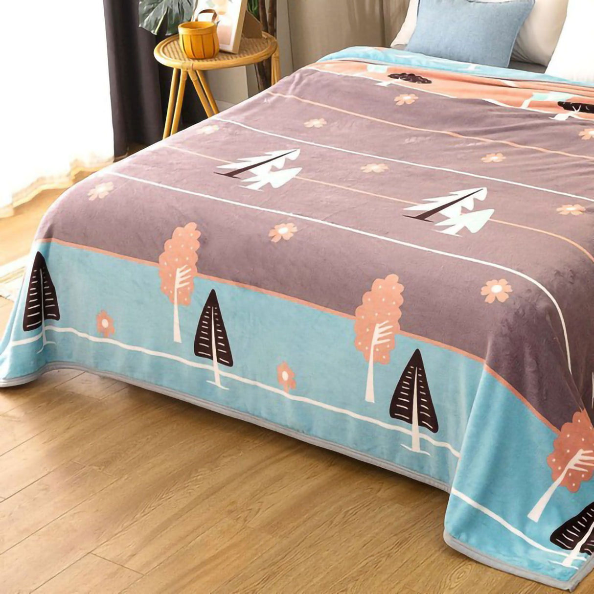 Throw Blanket Cartoon Pattern Thickened Air Conditioning Blanket for Home Bedroom Office Travel Leaves and Flowers 180x200cm / 70.9x78.7in