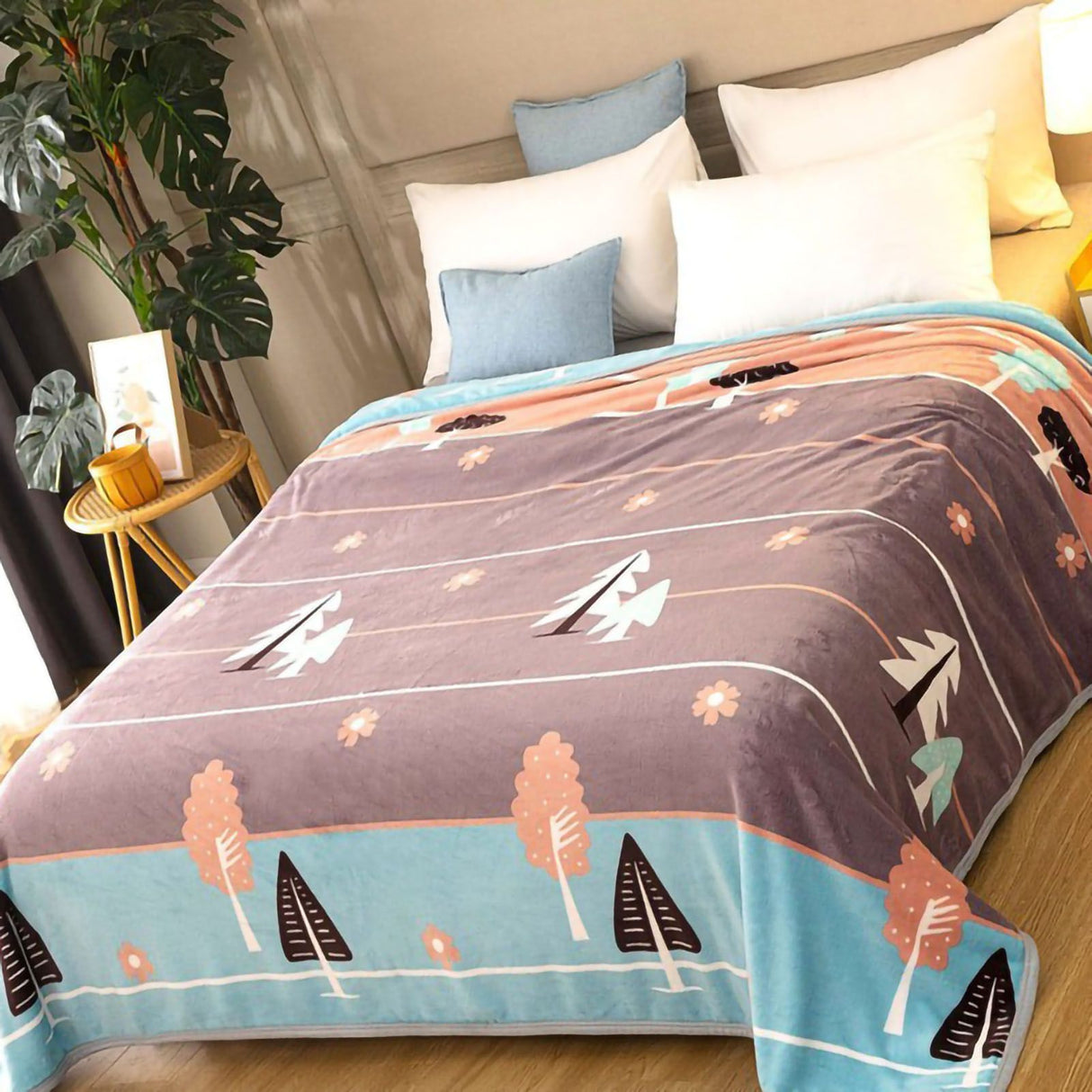 Throw Blanket Cartoon Pattern Thickened Air Conditioning Blanket for Home Bedroom Office Travel Leaves and Flowers 180x200cm / 70.9x78.7in