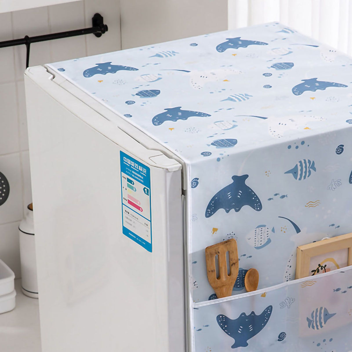 Refrigerator Dust Cover PEVA Home Water and Oil Proofing Refrigerator Cover Towel for Kitchen Happy Sea 130x55cm/51.2x21.7in