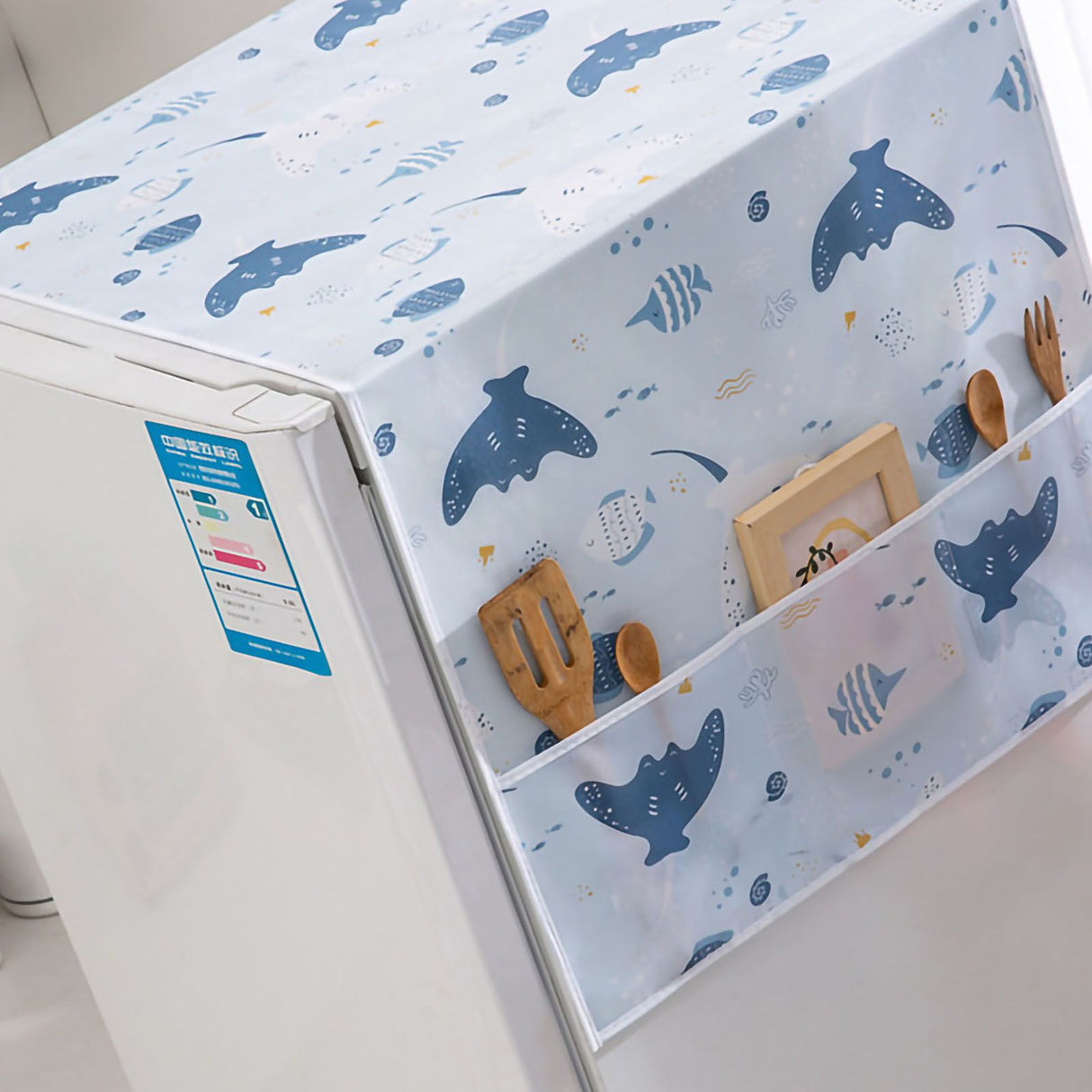 Refrigerator Dust Cover PEVA Home Water and Oil Proofing Refrigerator Cover Towel for Kitchen Happy Sea 130x55cm/51.2x21.7in