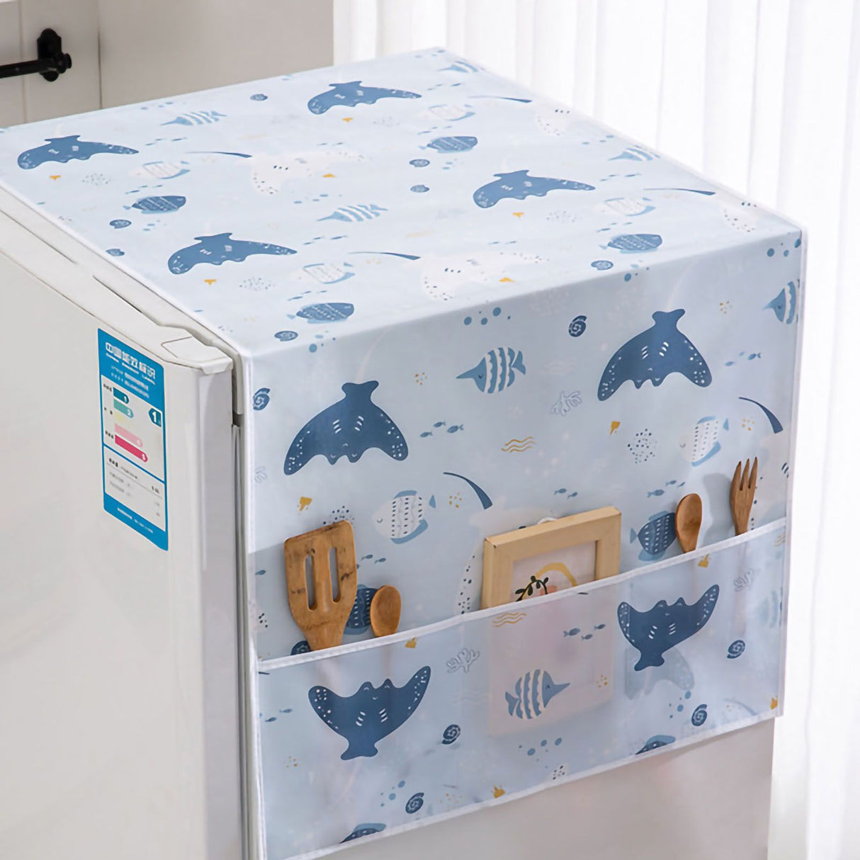 Refrigerator Dust Cover PEVA Home Water and Oil Proofing Refrigerator Cover Towel for Kitchen Happy Sea 130x55cm/51.2x21.7in