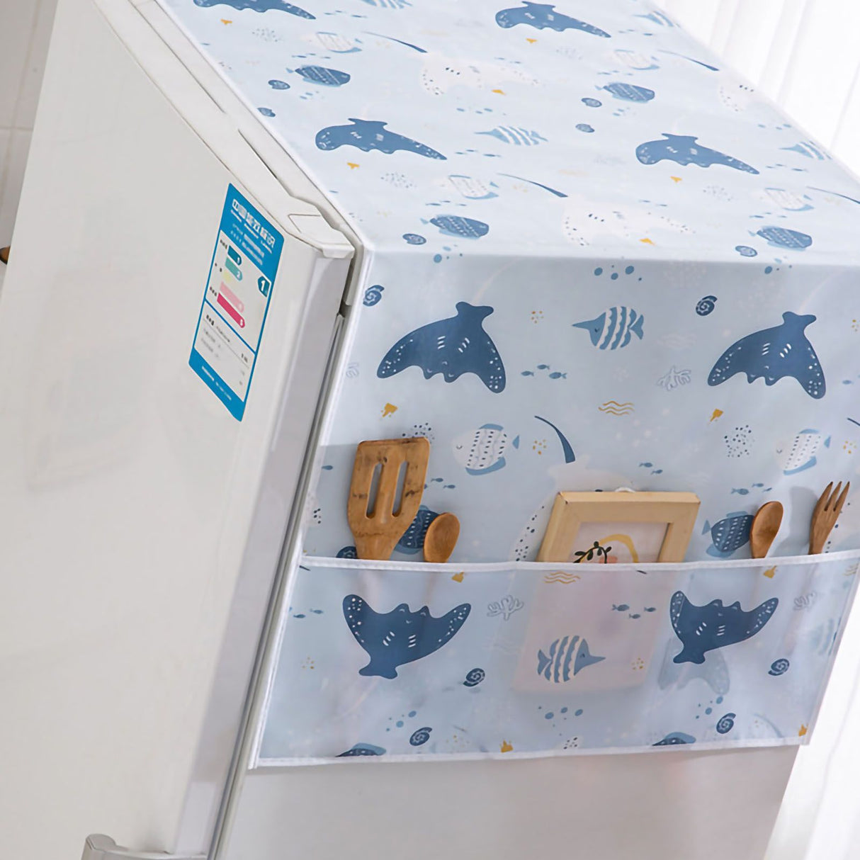 Refrigerator Dust Cover PEVA Home Water and Oil Proofing Refrigerator Cover Towel for Kitchen Happy Sea 130x55cm/51.2x21.7in