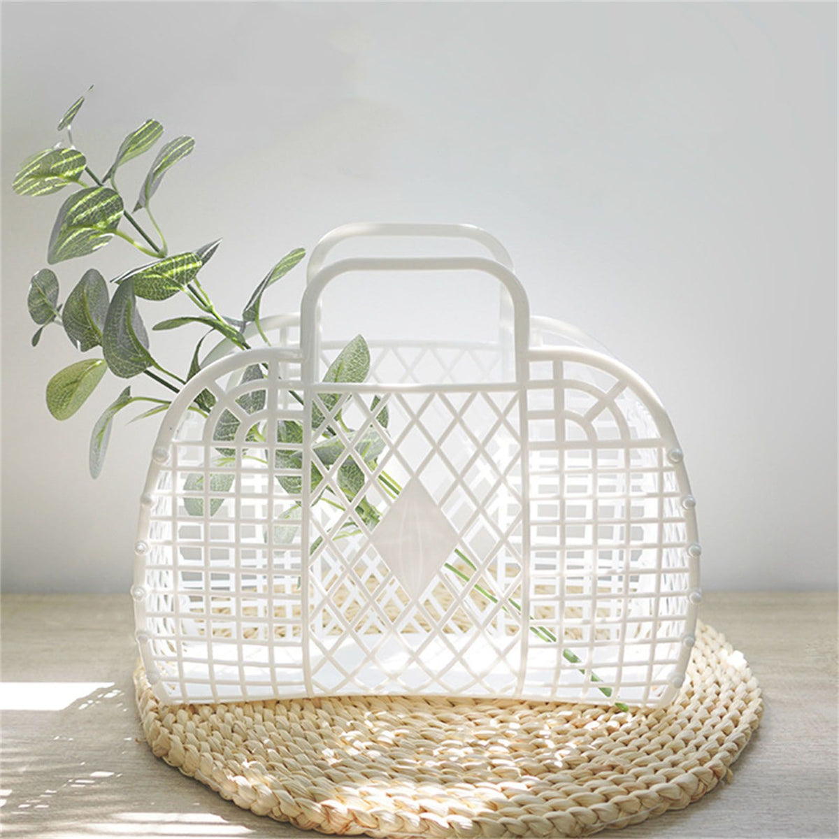 Hollow Storage Basket Plastic Reusable Portable Foldable Bag for Beach Home Bedside Shopping Toys Clothes White 250x110x220mm/9.84x4.33x8.66in